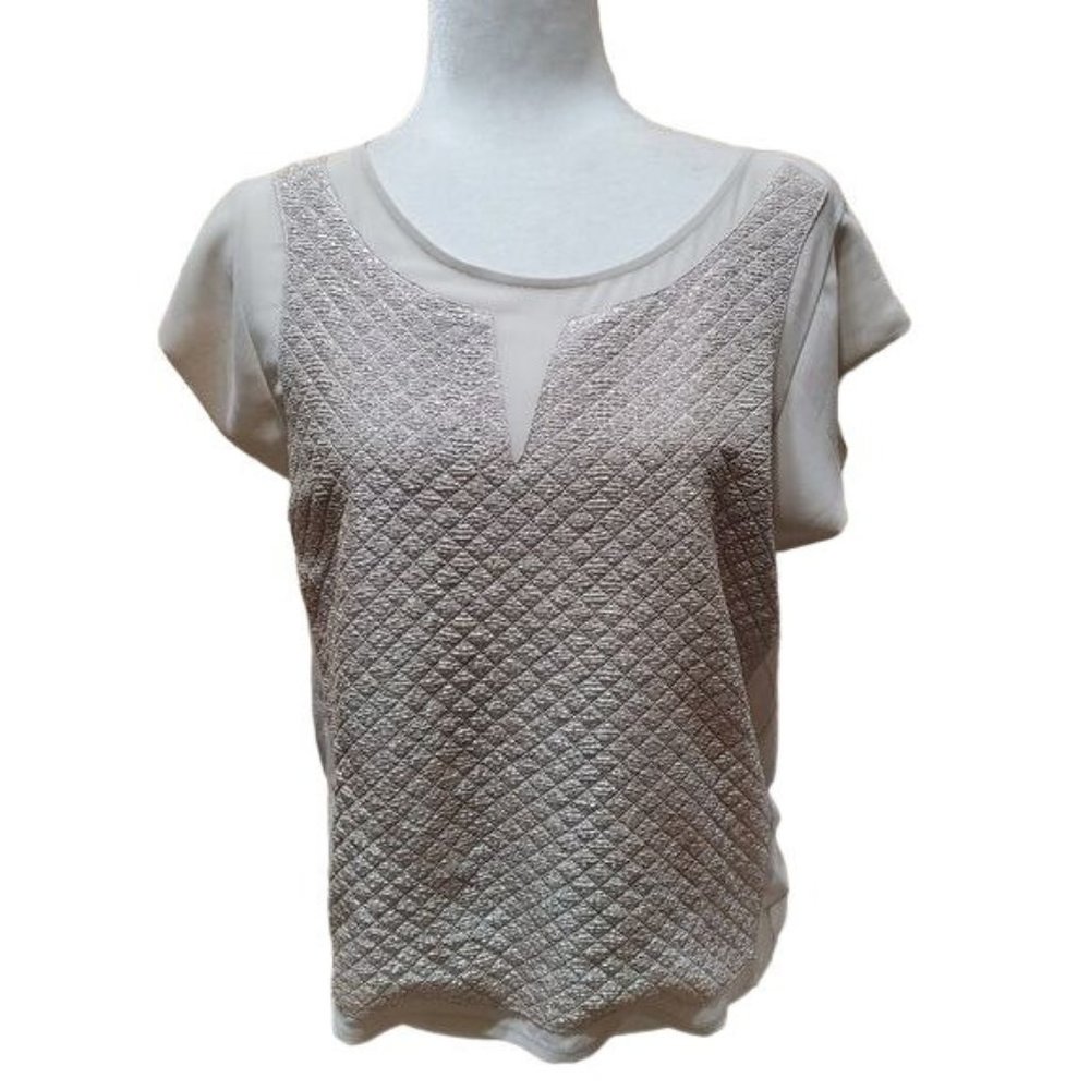 Express Women's Size Medium Metallic Short Sleeve Blouse Nude Tone Round Neck